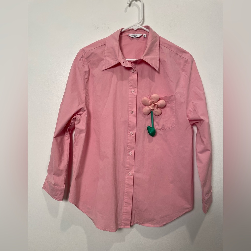 Button down Pink hopeshow size large blouse with rabbit flower embellishment